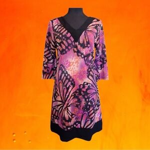 Vintage Suzie Pink & Black Butterfly Print 3/4 Sleeve Mini Dress Size S